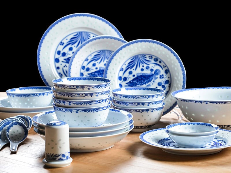 Ceramic Dinnerware Set: Abundant Fortune (Fish Motif)