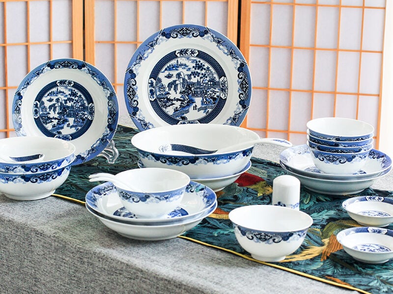 Ceramic Dinnerware Set: Blue & White Garden Scenery Tableware