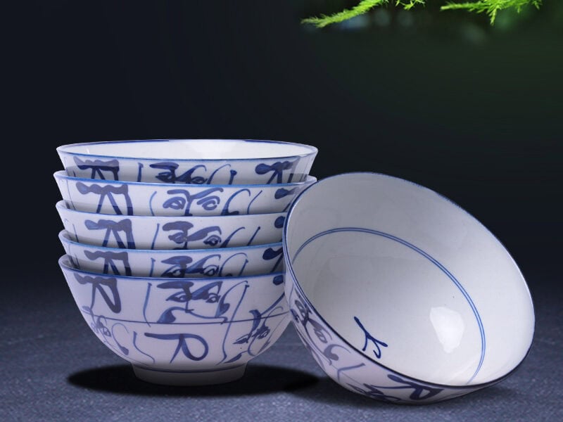 Ceramic Bowl Set: Hand-painted Dao-character Bowl Set of 6