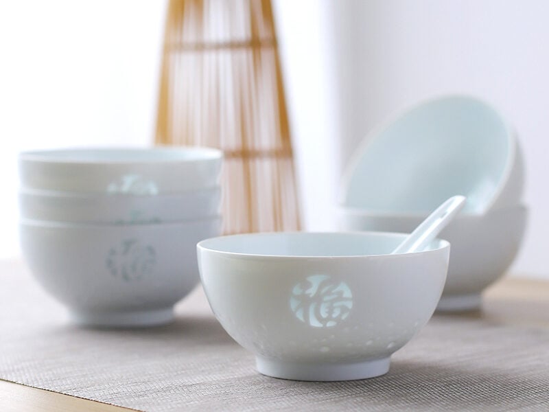 Ceramic Bowl Set: Fu-character Linglong Bowl Set of 6
