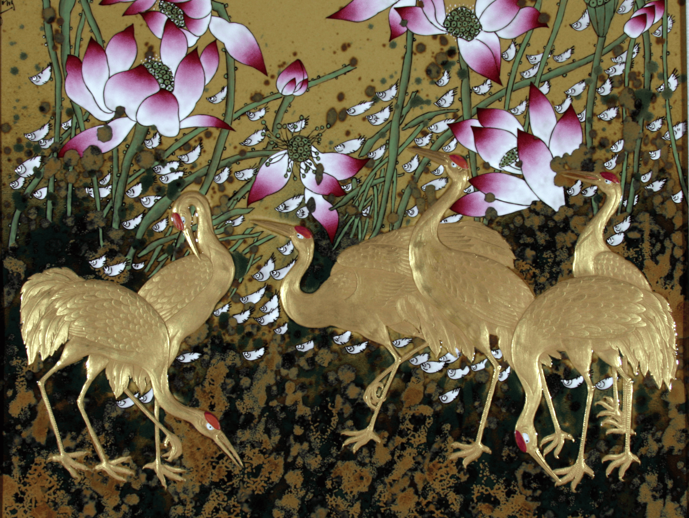 Chinese Ceramic Plaque | Lotus and Crane Collection VI