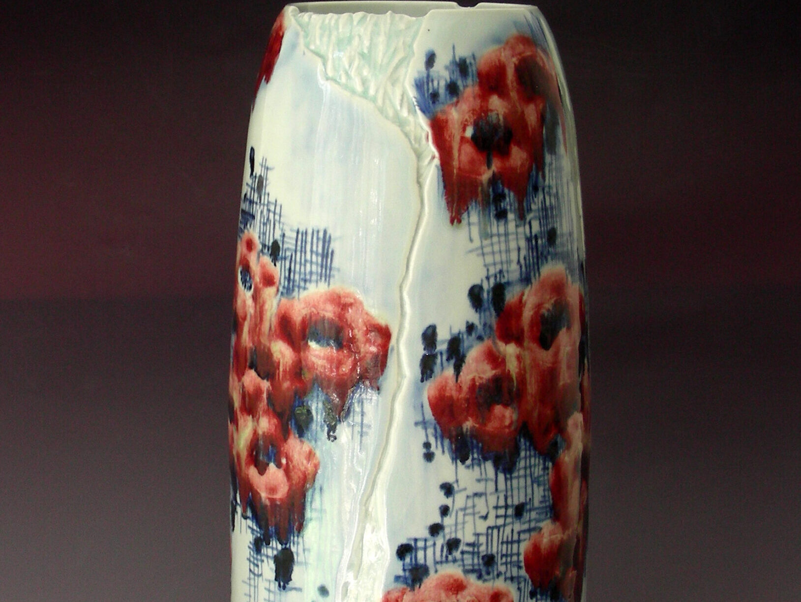 Jingdezhen Ceramic vase: Straight Cylindrical Vase with Relief Floral Motifs in Underglaze Blue and Underglaze Red