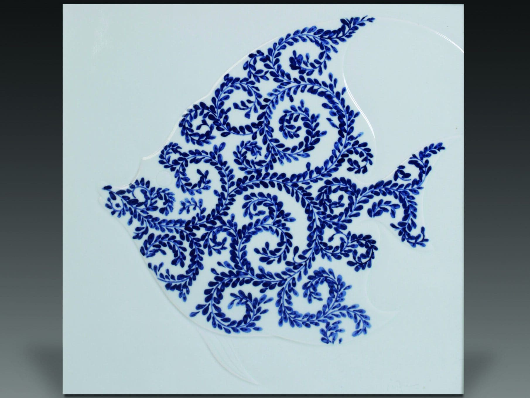 Square Ceramic Plaque with Embossed Blue and White Swimming Fish I