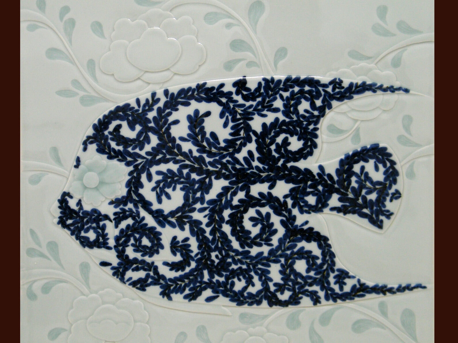 Square Ceramic Plaque with Embossed Blue and White Swimming Fish II