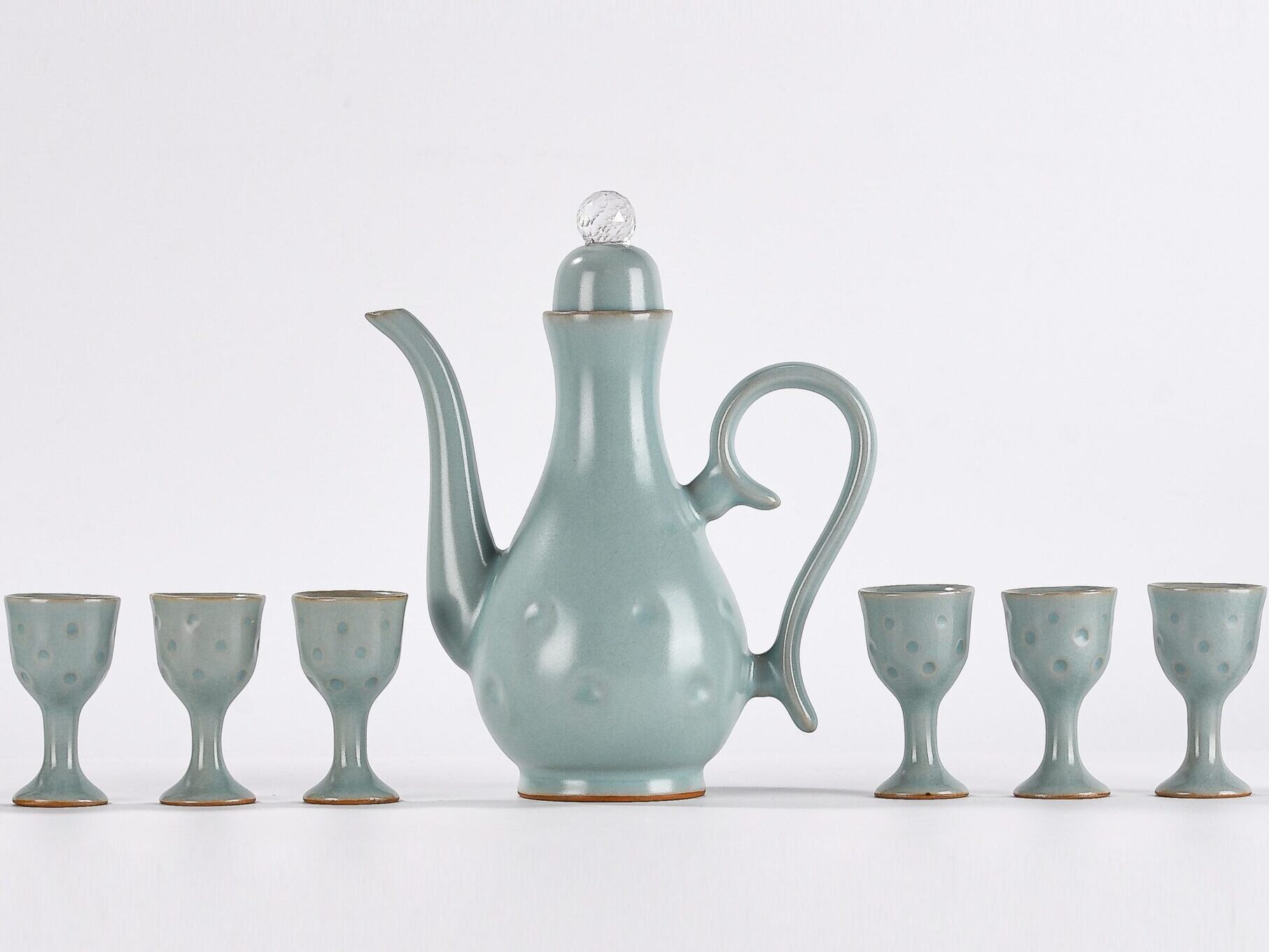 Jingdezhen Sky-Celadon Ru Kiln Ceramic Wine Set of Yuhuchun Ewer with Dot Relief