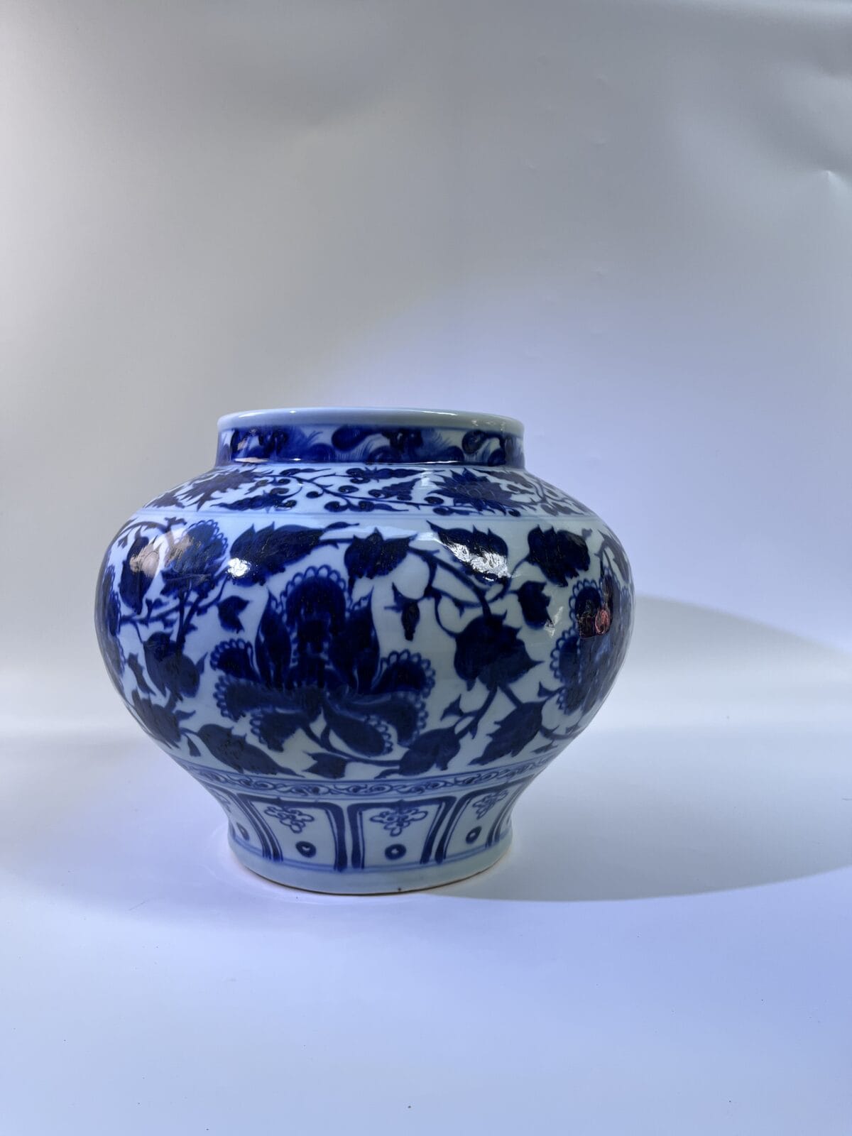 Large Antique-style Chinese Porcelain Jar, Yuan Blue-and-White Replica with Peony Flower Motif