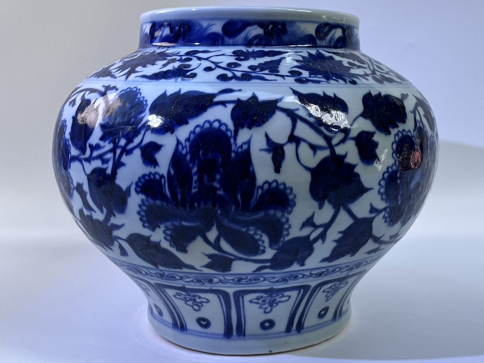 Large Antique-style Chinese Porcelain Jar, Yuan Blue-and-White Replica with Peony Flower Motif