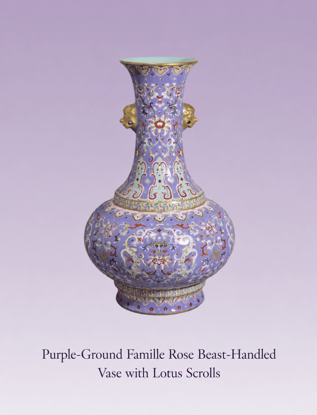 Antique Porcelain No. 5: Purple-Ground Famille Rose Beast-Handled Display Vase